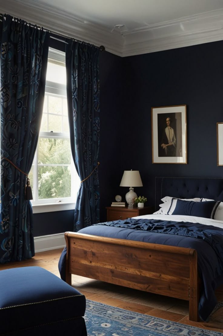 Dark blue patterned curtains beside navy walls and bedding, with white sheets and a brown bed footboard.