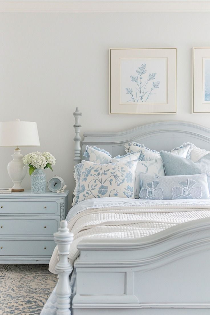 A pale blue bed frame with white bedding, blue pillows, and botanical artwork above it.