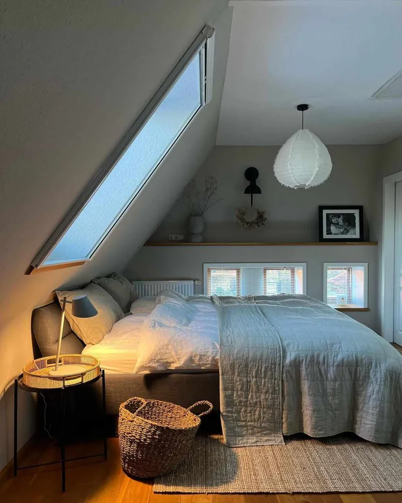 A bedside lamp, wall light and pendant light form layers in an attic bedroom.