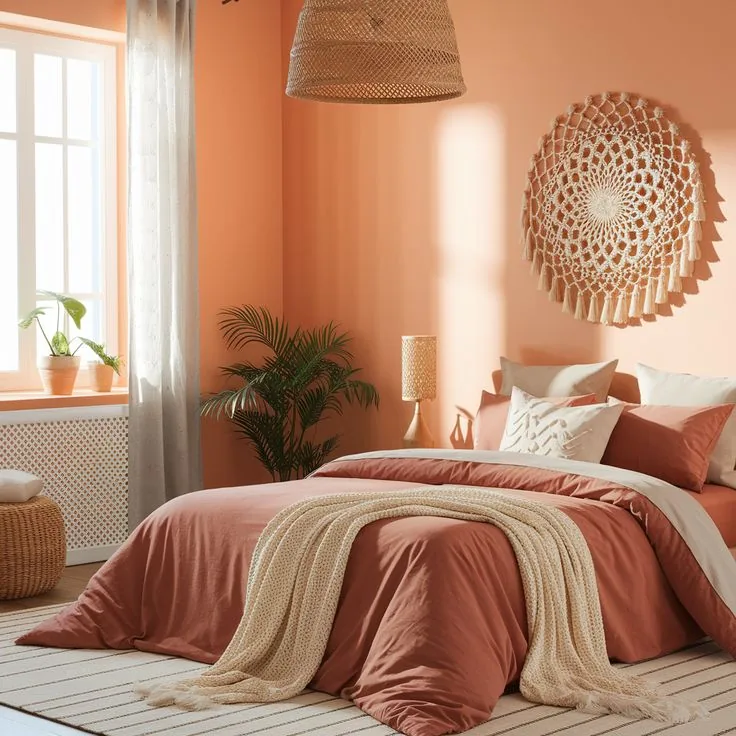 Peach walls surround a bed with rust-colored bedding, cream pillows and a pale throw.