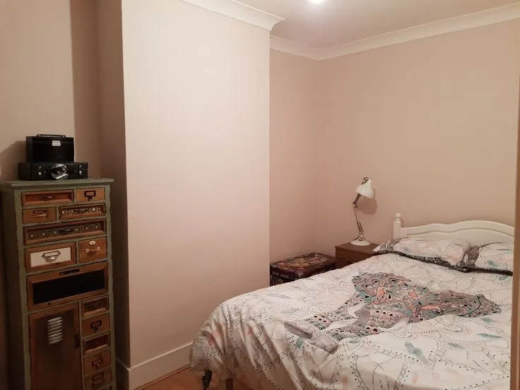 Pale pink bedroom walls surround a white bed with patterned bedding and a small bedside lamp.
