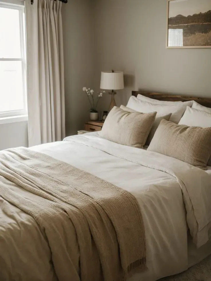 White bedding has textured beige pillows and a folded throw near a shaded lamp.