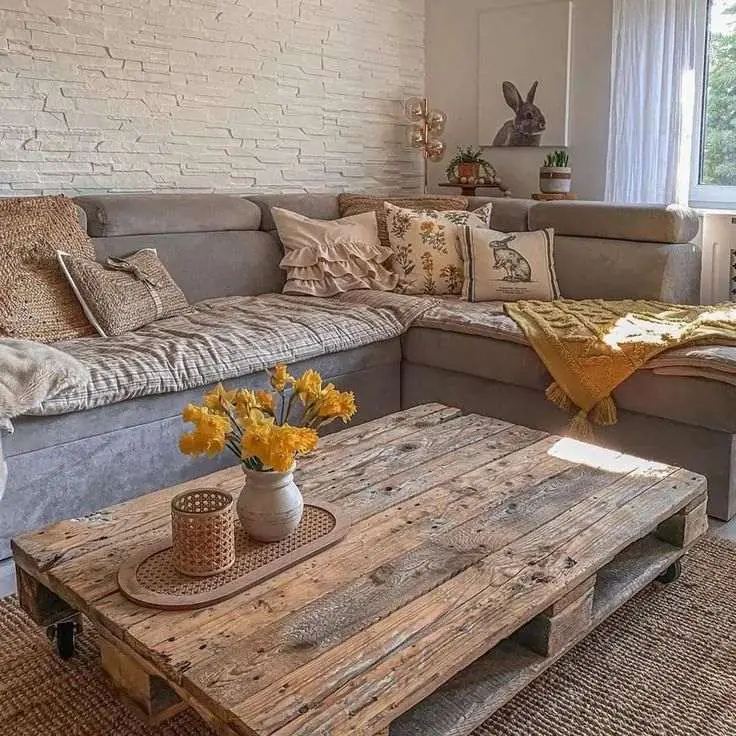 A gray sectional with patterned pillows faces a weathered-looking table with yellow flowers; a yellow throw rests on the sofa.
