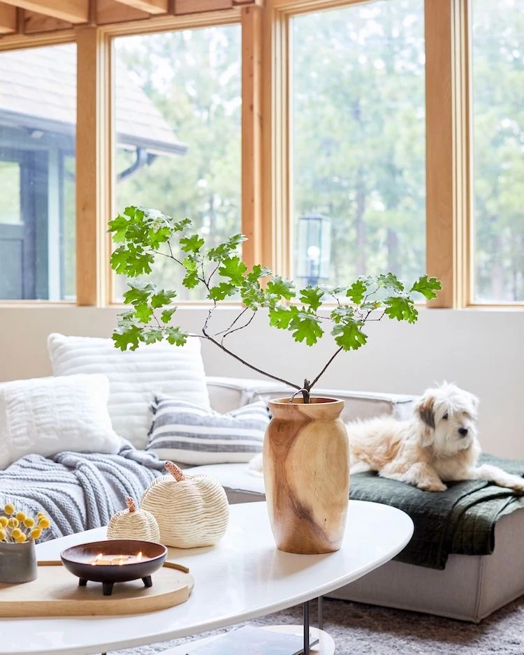 Two pale pumpkin-shaped ornaments and a vase with green branches sit on a white coffee table beside a gray sofa.