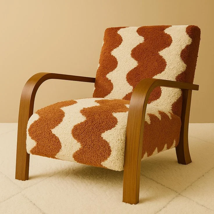 A rust and cream patterned armchair has curved wooden arms.