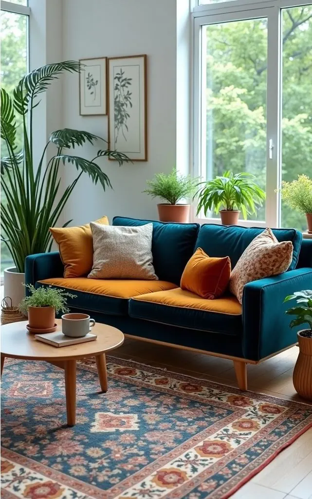 A teal sofa with mustard cushions stands on wooden legs beside a round coffee table.