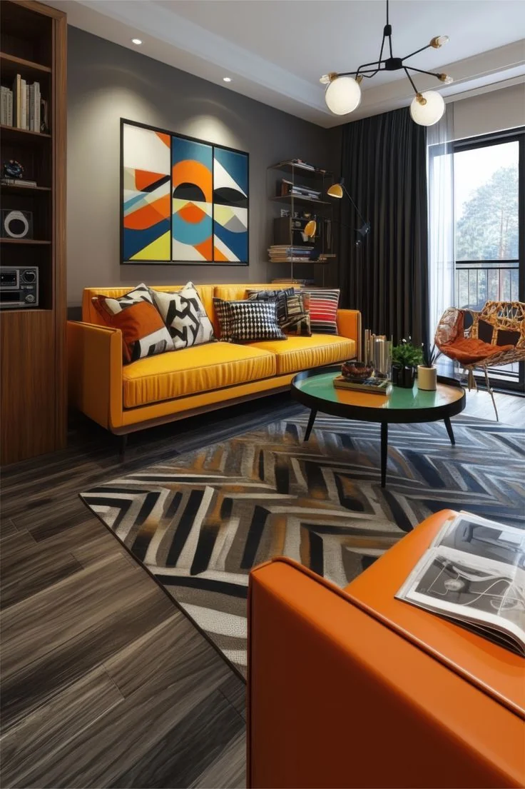 A yellow sofa sits below geometric art beside dark wooden shelving.