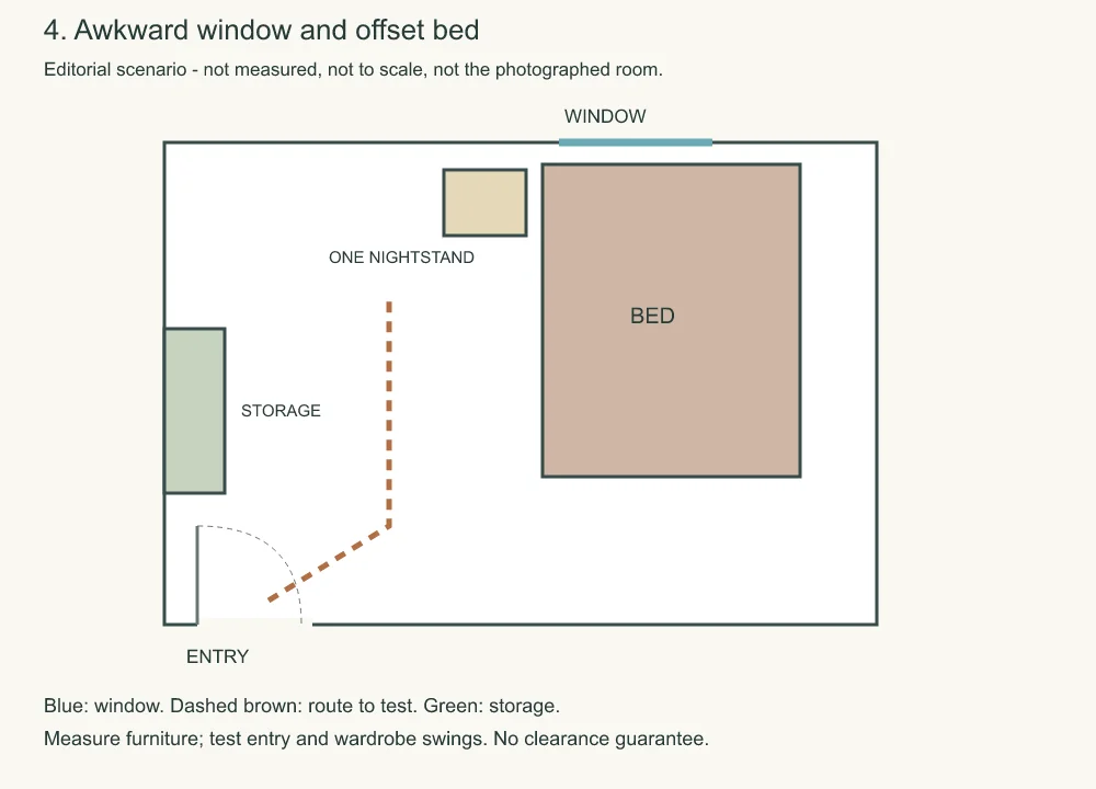 Editorial top view: awkward window and offset bed, with an entry door and a dashed route.