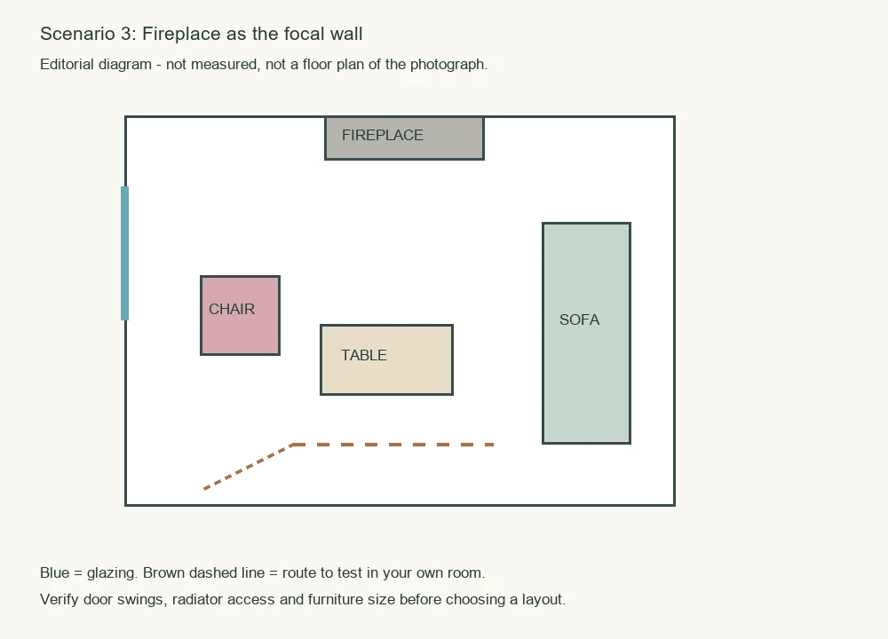 Editorial top view of a sofa and chair beside a fireplace, with a dashed route.