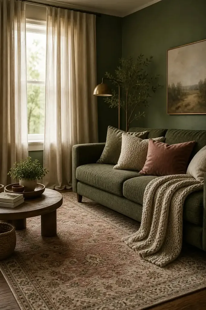A dark green sofa with beige and dusty pink pillows, green walls and a muted pink rug.