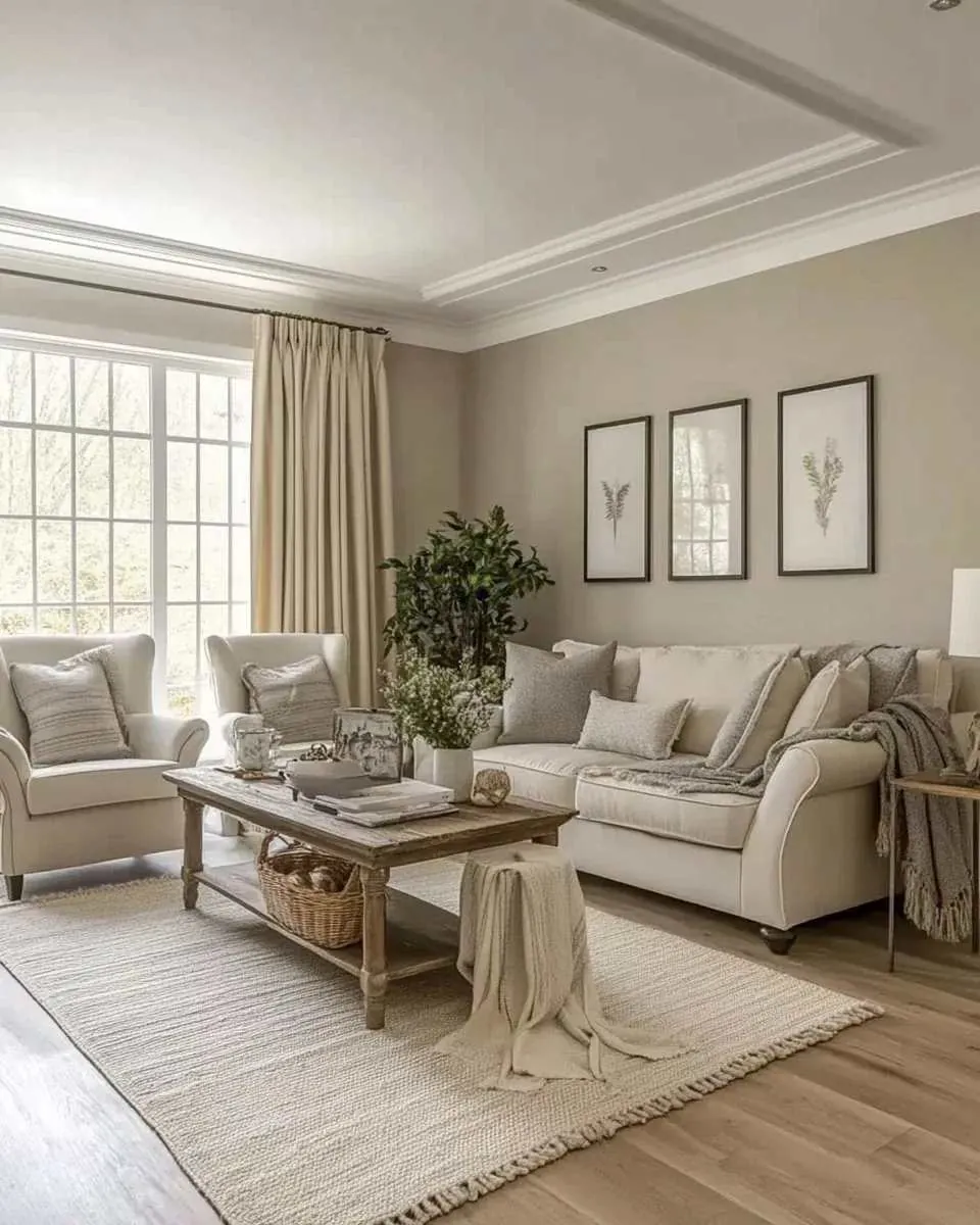 Pale sofa and armchairs around a weathered-looking rectangular wood table in a greige room.