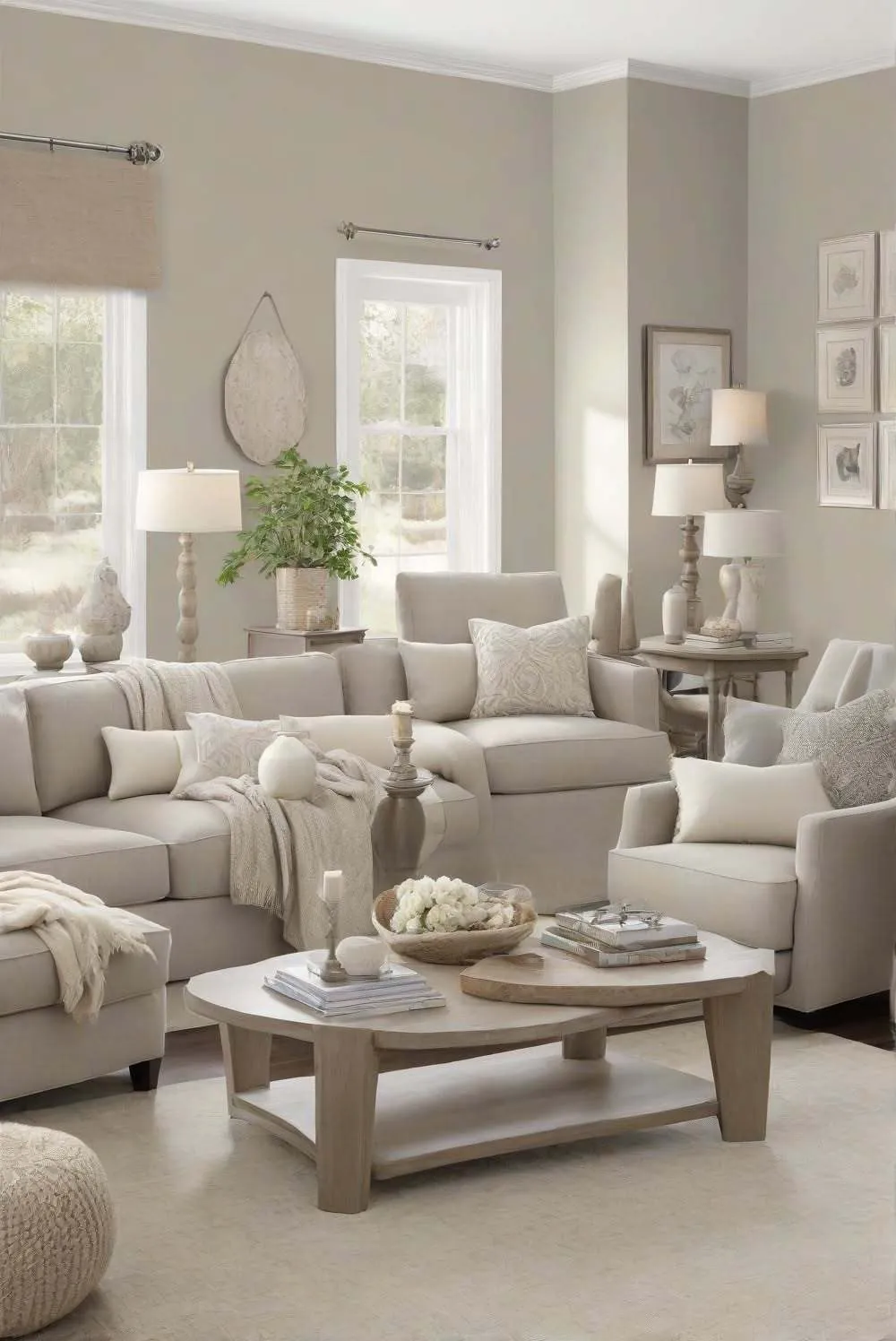 Cream sofa and armchairs with pale wood tables beneath taupe walls, white window trim and white ceiling molding.
