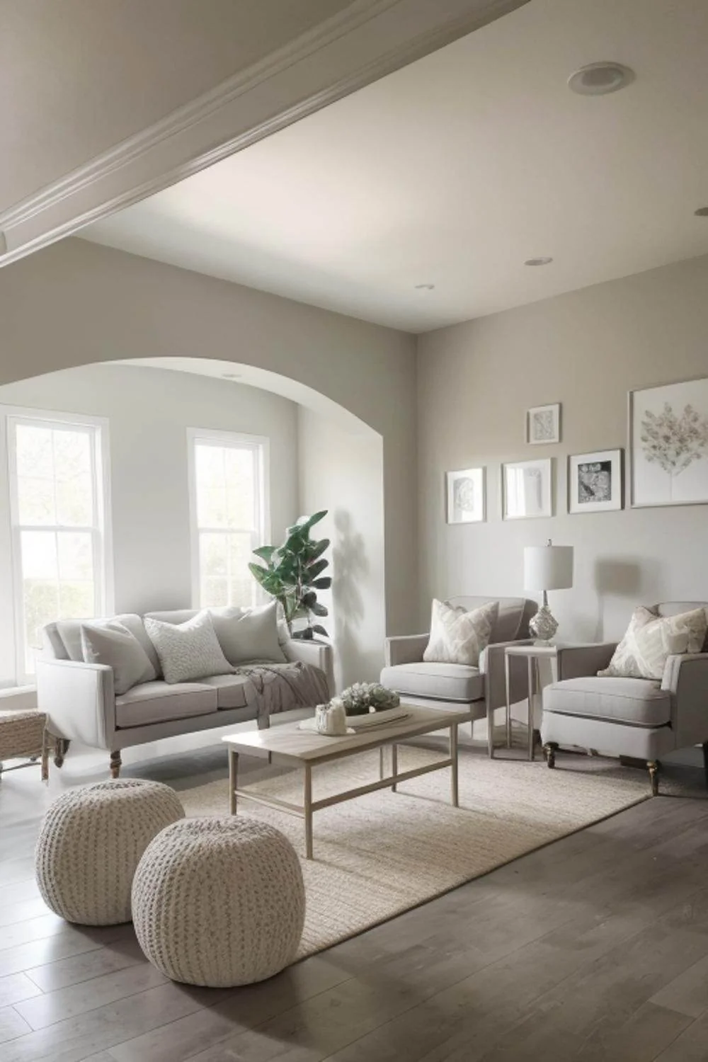 Pale sofa and armchairs on a light rug, with two knitted poufs and gray wood-look flooring around the edges.